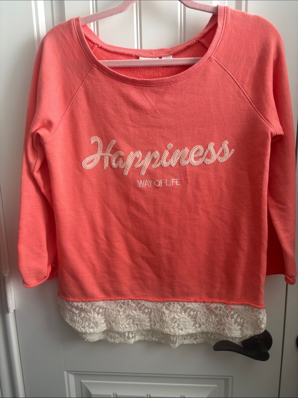 Cato Coral Long-Sleeve Top with White Lace Hem
